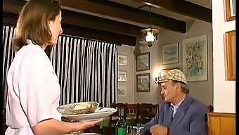 A French Brunette Enjoys A Threesome In A Restaurant, Caught On Papi Voyeur'S Camera
